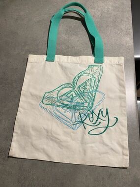 Roxy Canvas Tote with Teal Graphic and Teal Handles